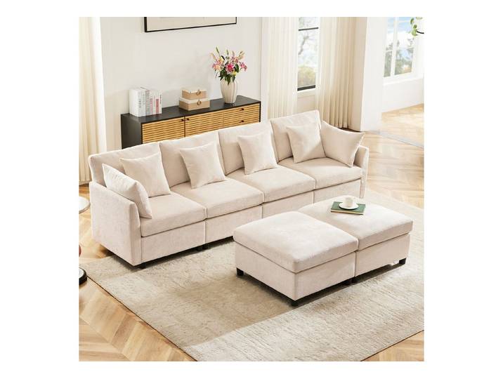 OKWISH Ecksofa U-förmiges Sofa aus Chenille-Stoff, Polstersofa, 4-Sitzer-Sofa, Wohnzimmersofa, mit abnehmbarem Fußhocker