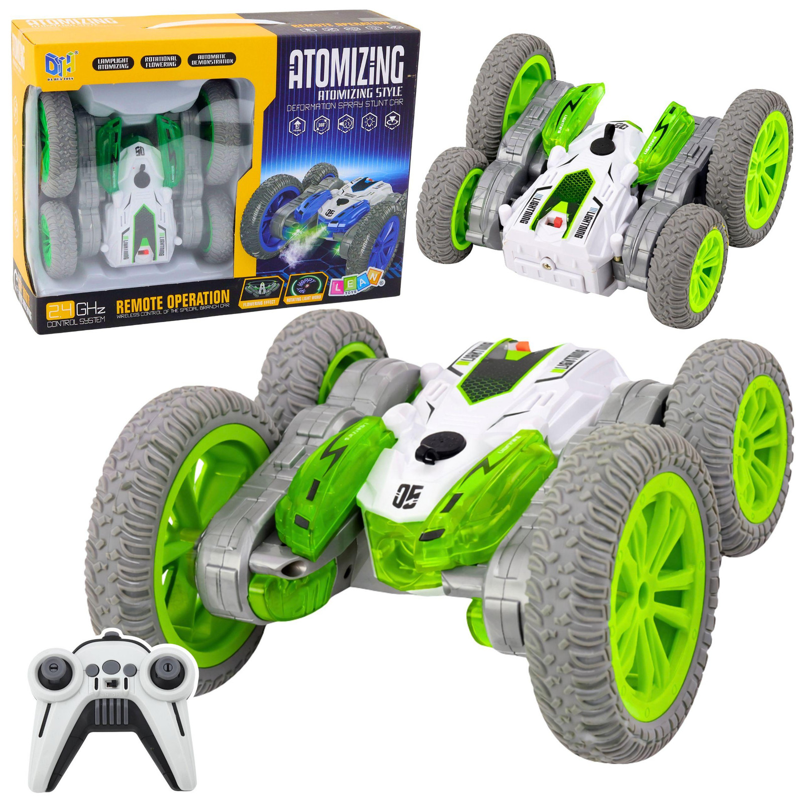 Lean Toys Op afstand bestuurbare stuntauto RC Lights Smoke Drift 360 graden groen