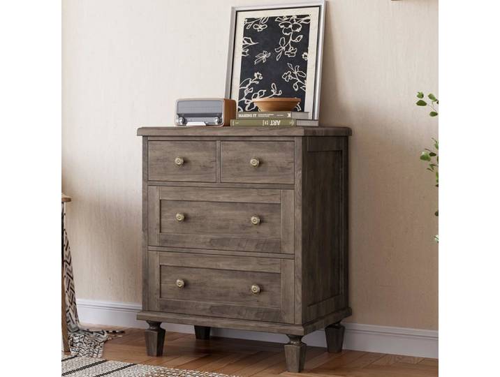 Commode vintage - LUNSY - 4 tiroirs - 60x40x76 cm - Gris - Pieds fuselés - Bois massif - Facile à monter