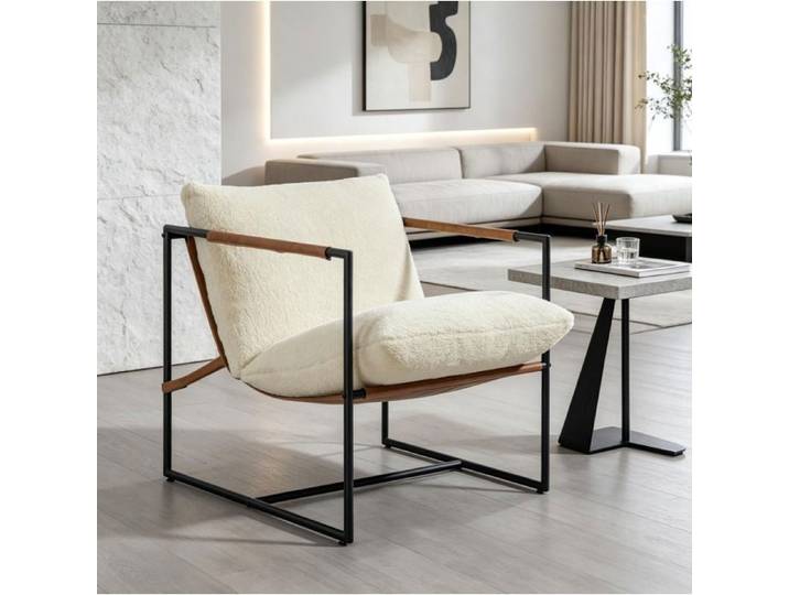 MEULVA Fauteuil de salon bouclette crème assise large 73 x 63 cm structure acier au carbone