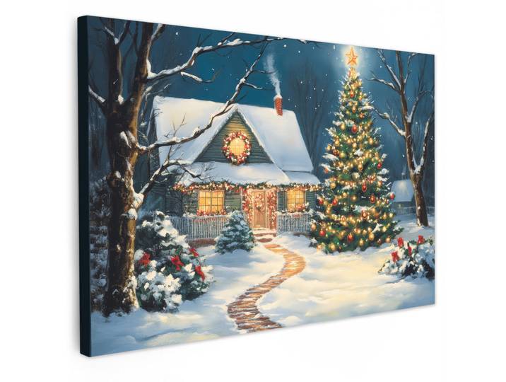 MuchoWow Leinwandbild - Weihnachten - Weihnachtsbaum - Winter - Zuhause - Schnee - 90x60 - Deko Wohnzimmer, Smaragdgrün, Textil, Kiefer, Abstrakt, Rechteckig, 90x60 cm, gerahmt, Bilder & Rahmen, Bilder, Wandbilder