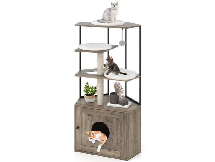 Arbre à chat avec enclos pour litière, 2 poteaux à gratter et 3 tapis - Marron, Arbre à chat avec litière dissimulée, poteaux à gratter et tapis