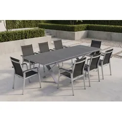 KETTLER BasicPlus Garten-Essgruppe, silber / anthrazit, Alu / Spraystone / Textil, Tisch 180/280x100cm, 8 Stapelsessel