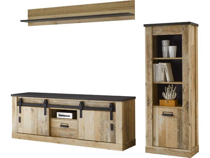 Wohnwand HOME AFFAIRE Sherwood, Anbauwand im Industrial-Style, Komplettset, Wohnzimmer-Set , braun (old style hell dekor), B:233cm H:170cm T:43cm, Kastenmöbel-Sets, Wohnwand, enthält Regal, Lowboard &Wandboard, Scheunentorbeschlag Apothekergriff
