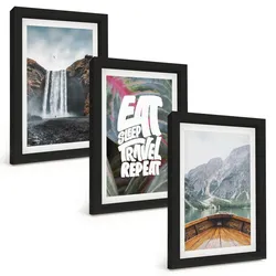 BILDER SET 3er Set - 20x30 cm Schwarzer Rahmen - Wasserfall Berge Natur Boot