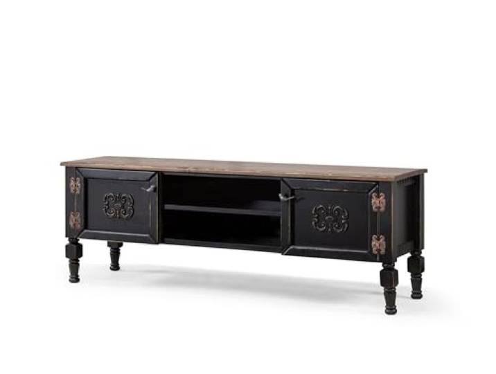 Elegantes schwarzes TV-Möbel, 150 cm breit, 100% MDF mit Fichtenplatte und Beinen aus Hainbuche 10 mm Stärke, traditionelles Design für Moderne Wohnzimmer