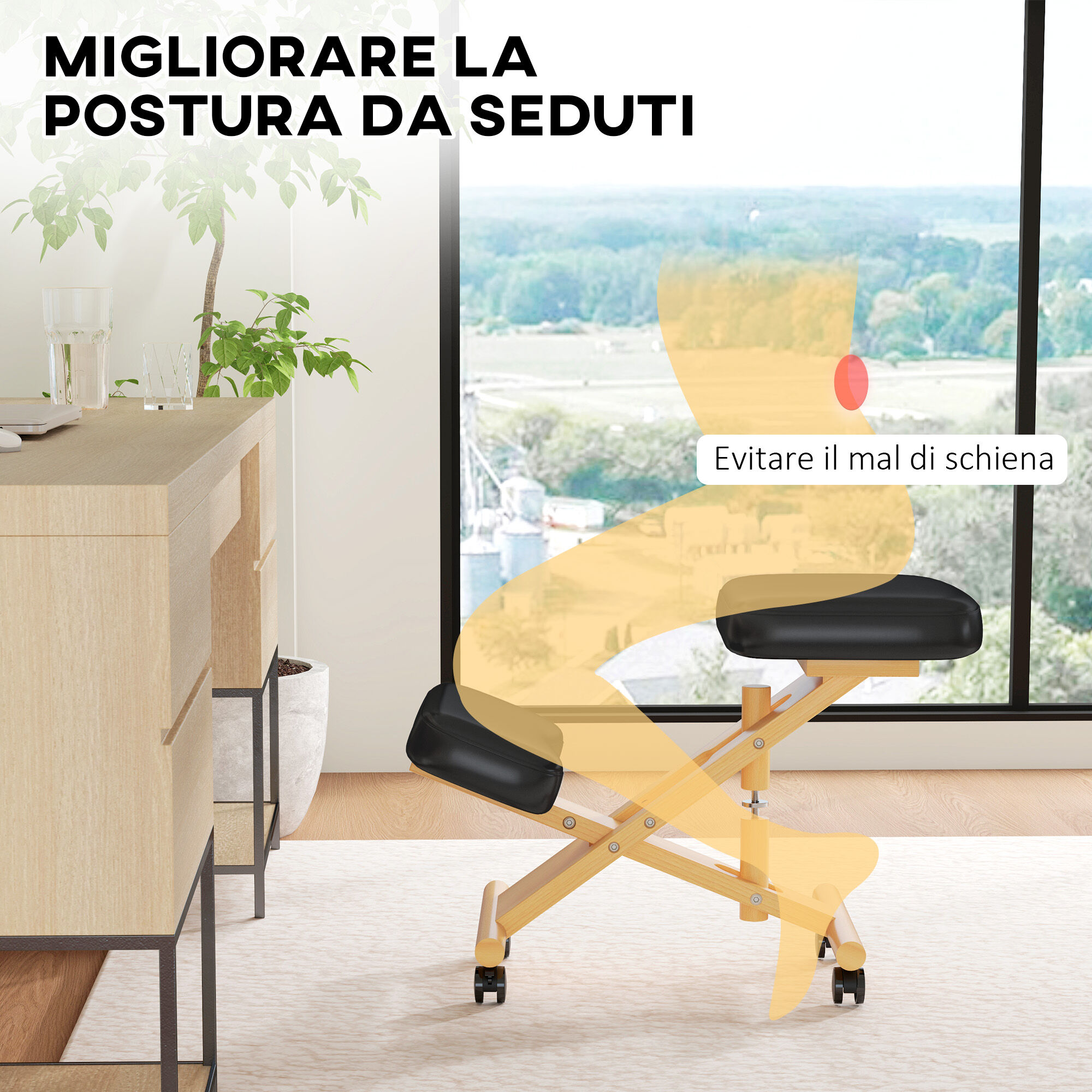 Altro Sedia Ergonomica Posturale Con Inginocchiatoio E Rotelle, In Legno Di Caucciù, Nero