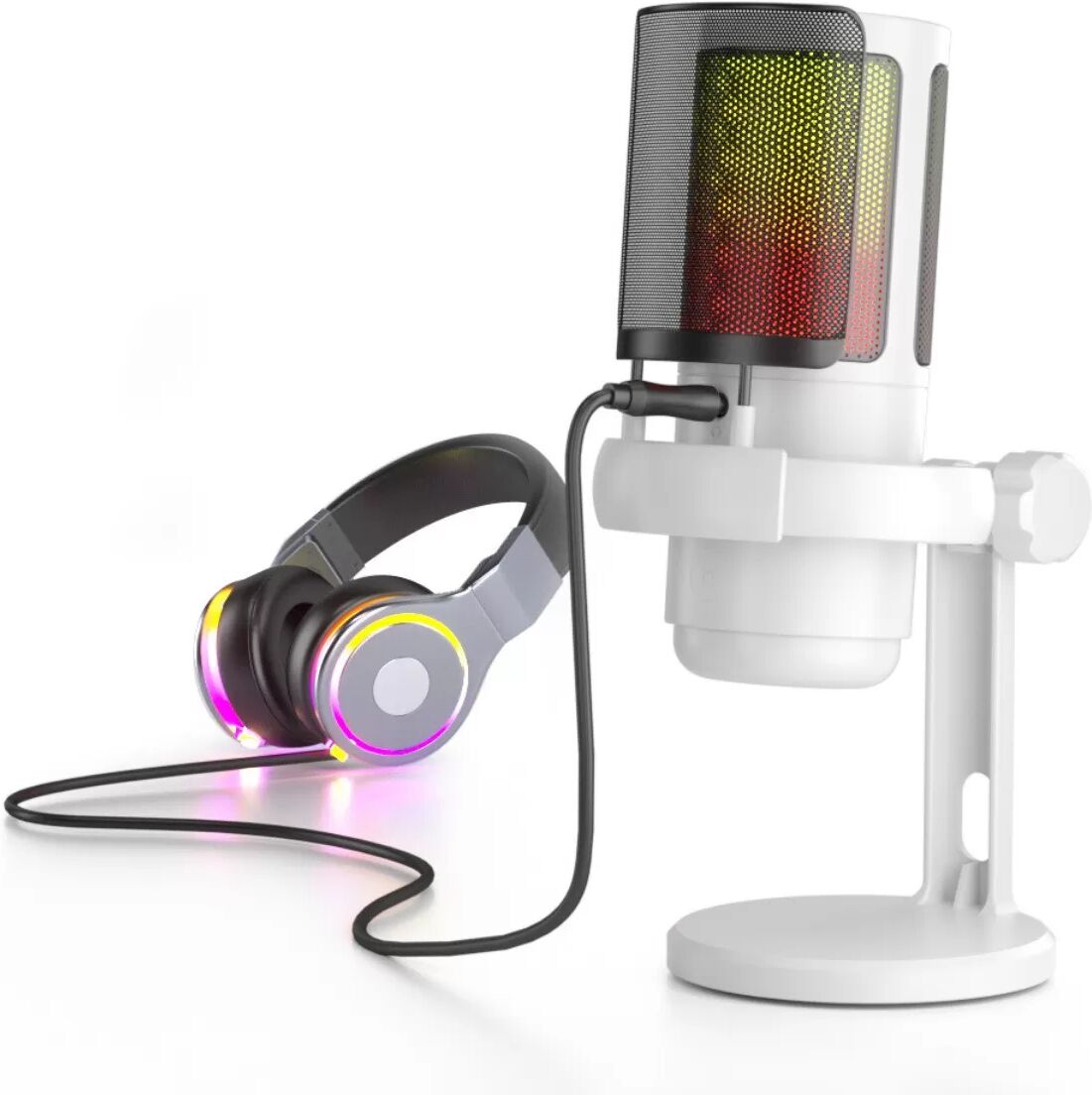 INF USB-Kondensator-Gaming-Mikrofon mit RGB-Beleuchtung, Null-Latenz-Überwachung und 3,5mm-Kopfhöreranschluss – Weiß