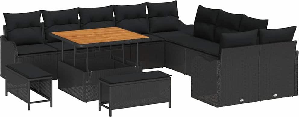 Gartenmöbel-Set, Sofa-Lounge für 12 Personen, robustes Poly-Rattan mit Akazienholz, höhenverstellbar, 13-teilig, Schwarz