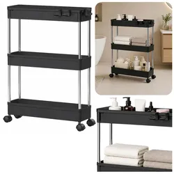 Multifunktionales mobiles Regal, 3 Ablagen auf Rollen, Schwarz