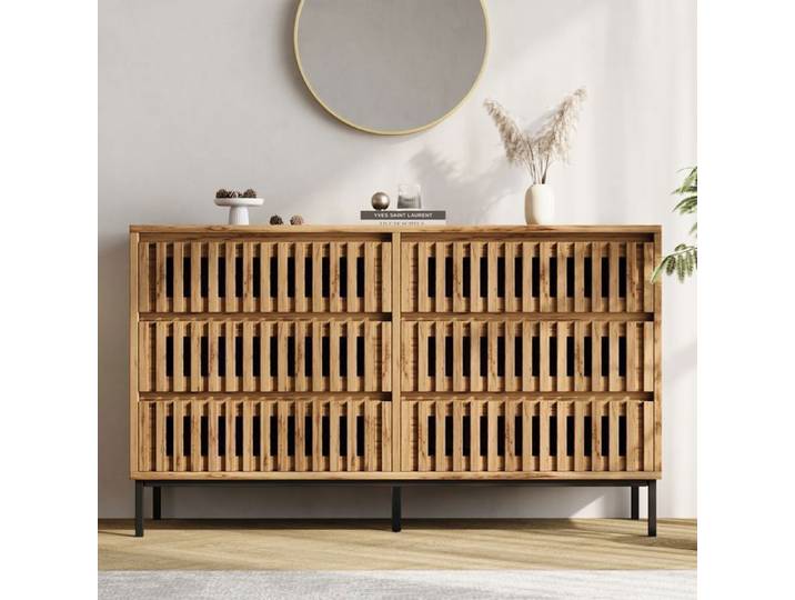 Buffet à six tiroirs meuble de rangement adapté au salon à la chambre au couloir à la salle à manger couleur bois 120x40x81cm