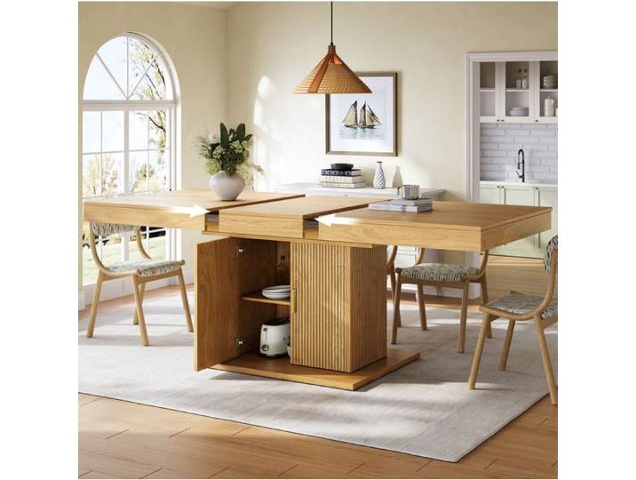 WOVREO Table à manger extensible 140-180 cm avec rangement intégré 2 portes MDF