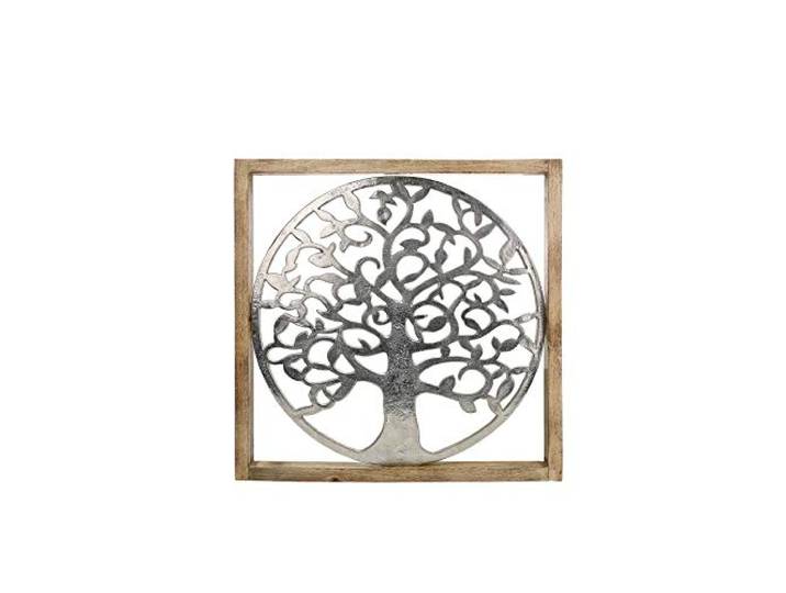 Gilde Tableau décoratif XXL - Arbre de vie en aluminium - Avec cadre en bois - 60 x 60 cm - Décoration murale pour salon - Couleurs : argenté marron