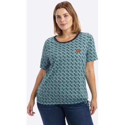 Rundhalsshirt SHEEGO "Halbarmshirt", Damen, Gr. 52/54, blau (ocker, tiefblau, bedruckt), 50% Baumwolle, 50% Modal, bedruckt, gemustert, Shirts Rundhalsshirt