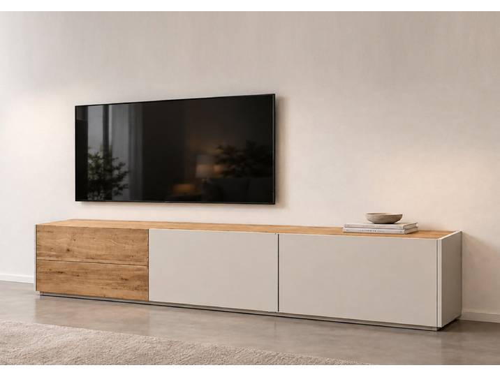 TV Board 240x50cm 'Novera' Wildeiche massiv & MDF creme