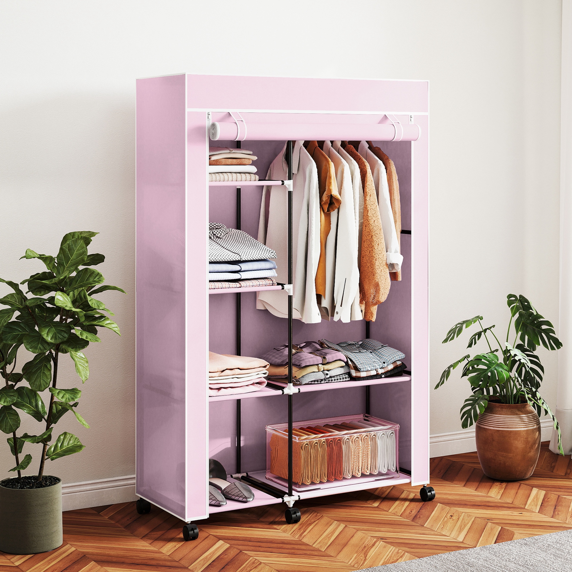 Homcom Armadio in Tessuto con Ruote Guardaroba Portatile con 6 Ripiani e 1 Asta per Appendere per Camera da Letto 103x43x162,5cm Rosa   Aosom Italy