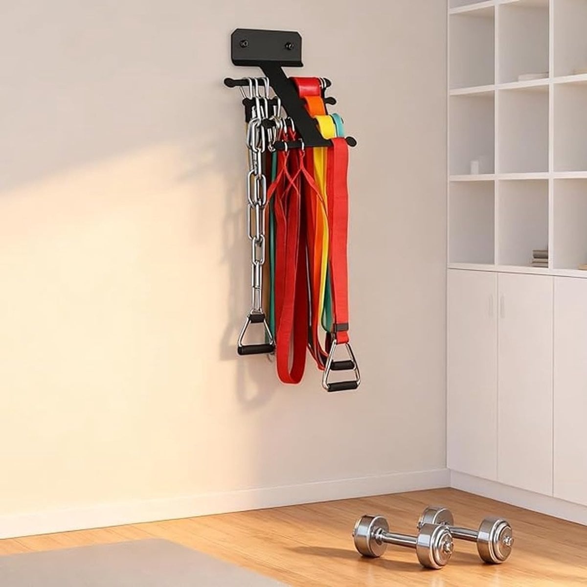 Halter Muurbevestiging Zwart - Opbergrek voor Fitnessapparatuur met 8 Grote Haken - Tot 8 kg