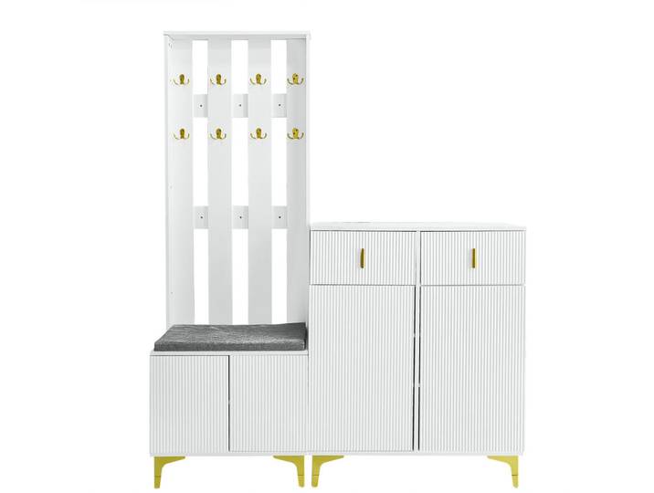 Flieks Garderobe Set Schuhbank Kissen Haken Schuhschrank Schubladen, Weiß, 143.5x180.5x35.2 cm, Garderobe, Garderobenpaneele, Wandgarderobe