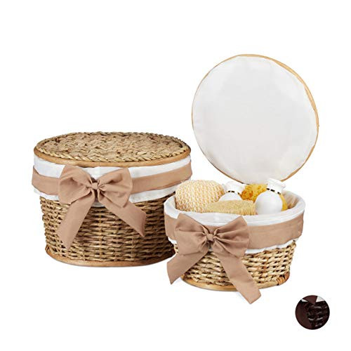 Relaxdays Set van 2 Badkamer Mandjes met Deksel, Beige, Rattan Look