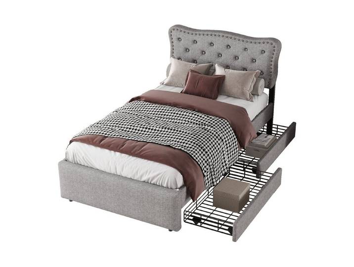 Odikalo Polsterbett Flachbett Kopfteil Lattenrost Nieten 2* Schubladen 90x200 Grau/Beige