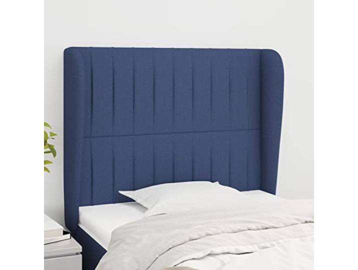 KTHLBRH Kopfteil mit Ohr, Blau, aus klassischem Stoff, elegantes Design, komplett aus strapazierfähigem Material, atmungsaktiv, höhenverstellbar, Beine aus Lärchenholz