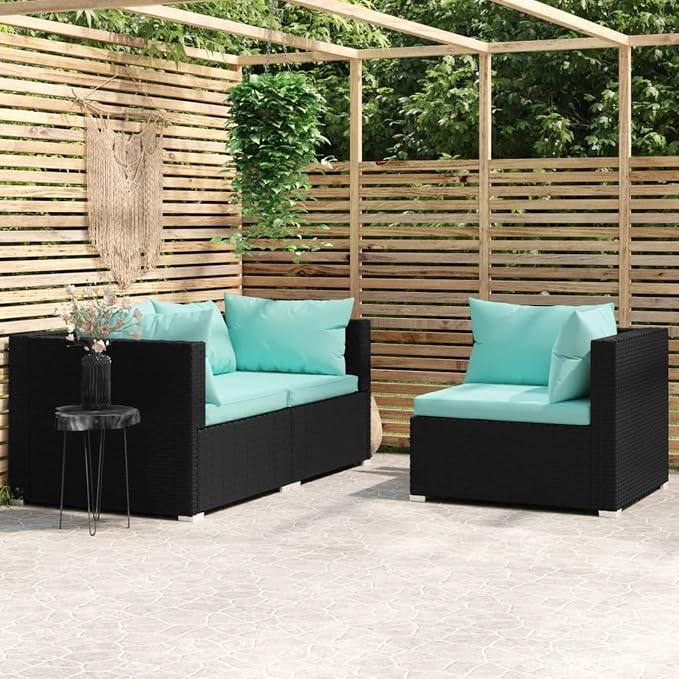3-TLG. Garten-Lounge-Set mit Kissen, Balkon Möbel, Gartensofa, Balkonmöbel Set, Terrassenmöbel, Gartenlounge Outdoor, Schwarz Poly Rattan