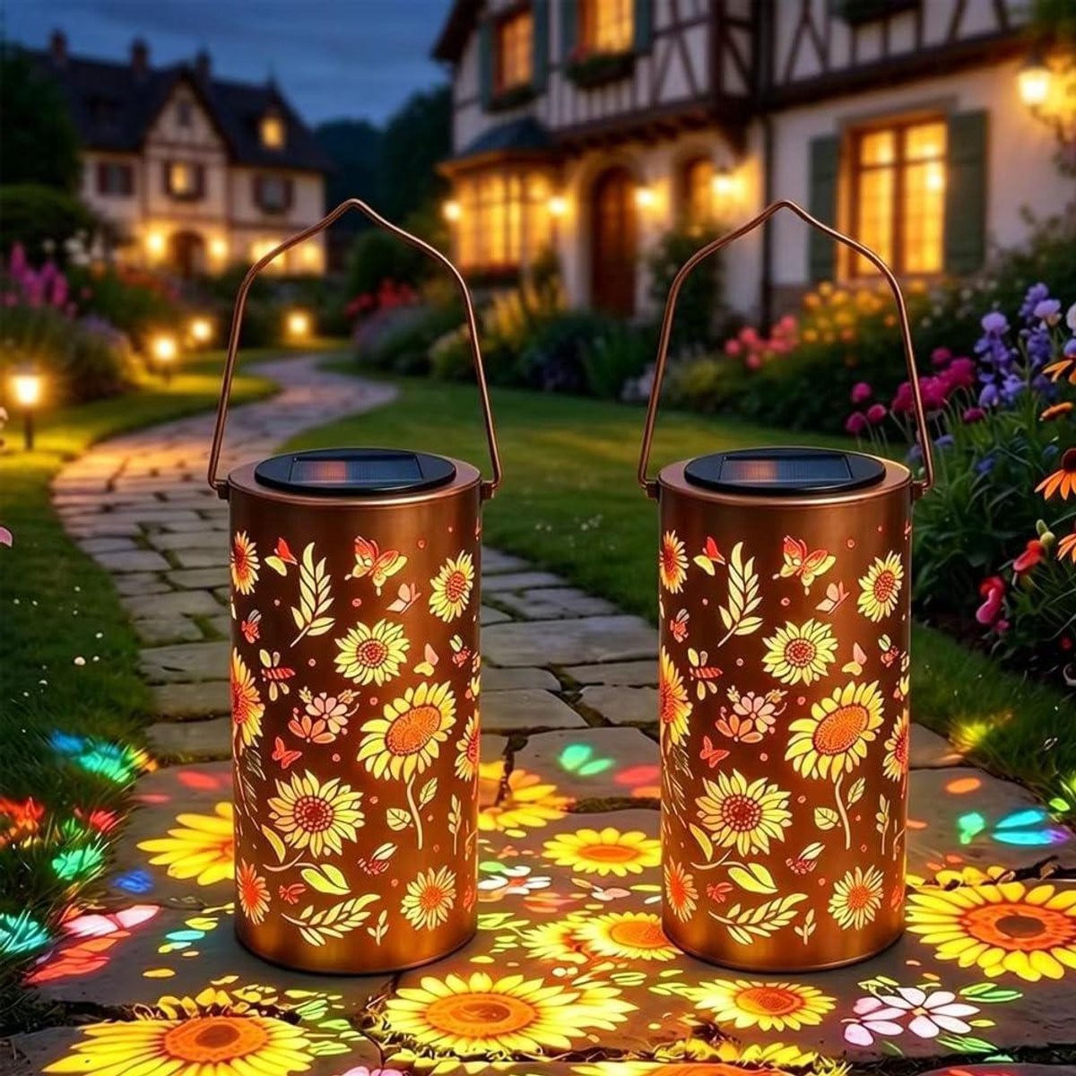 Set van 2 Zonnebloem Tuinlantaarns - Waterdichte Buitenverlichting - Kleurrijk