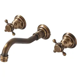 KLARWERK® JULIAN | Vintage 3-Loch Badarmatur Wandmontage Messing Gold | Edelstahl Wasserhahn Waschbecken | 2-Griff Mischbatterie Wand Gastro