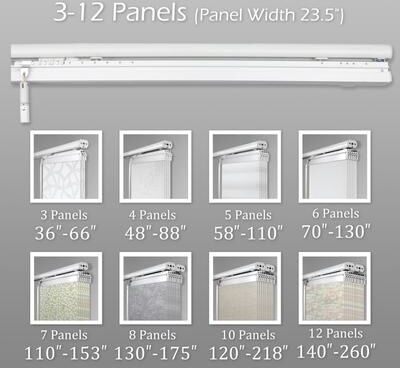 "InStyleDesign Midnight Regalia 5-Panel Single Rail Panel Track Extendable 58""-110""W, Panel width 23.5""."