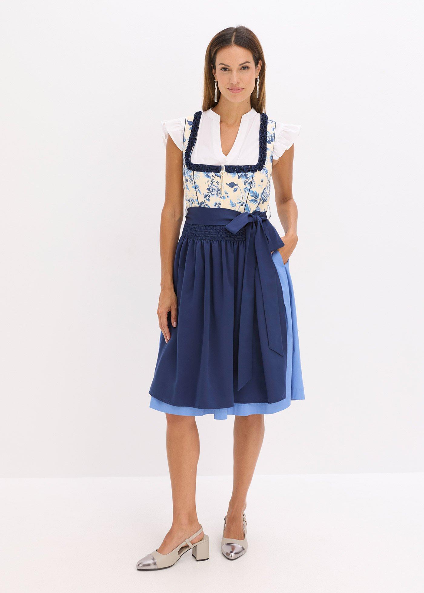 bonprix Dirndl mit bestickter Schürze (2-tlg.Set), blau, Gr.42, Modern und feminin: Dirndl mit Borte und Schürze aus glänzendem Satin, mit seinem Allover-Druck macht es jedes Teil zu einem Unikat