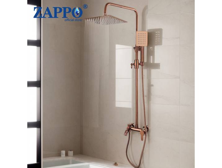 ZAPPO – ensemble de robinets de douche en laiton massif Rose doré, mélangeur de baignoire de salle de bains Rose, pulvérisation de pluie, douche carrée à main, facettes de douche