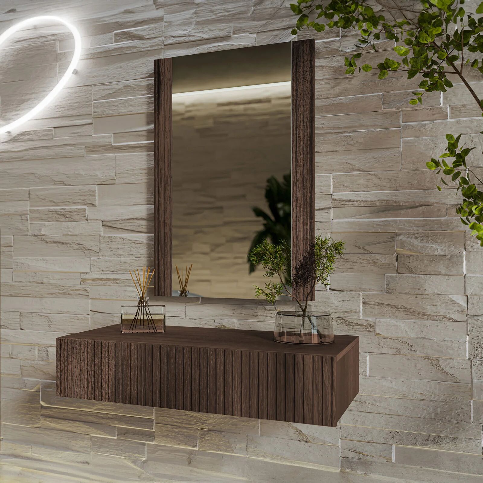 garneroarredamenti Mobile ingresso sospeso 80x97h h cm consolle 1 cassetto con specchio noce cannettato Gabiot