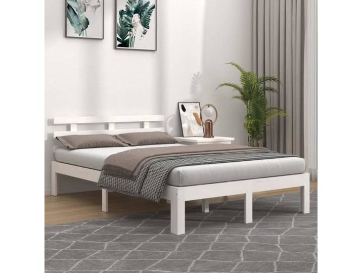 UMR - Lit bois Blanc Cadre de lit Blanc Bois massif 140x190 cm -[1212]