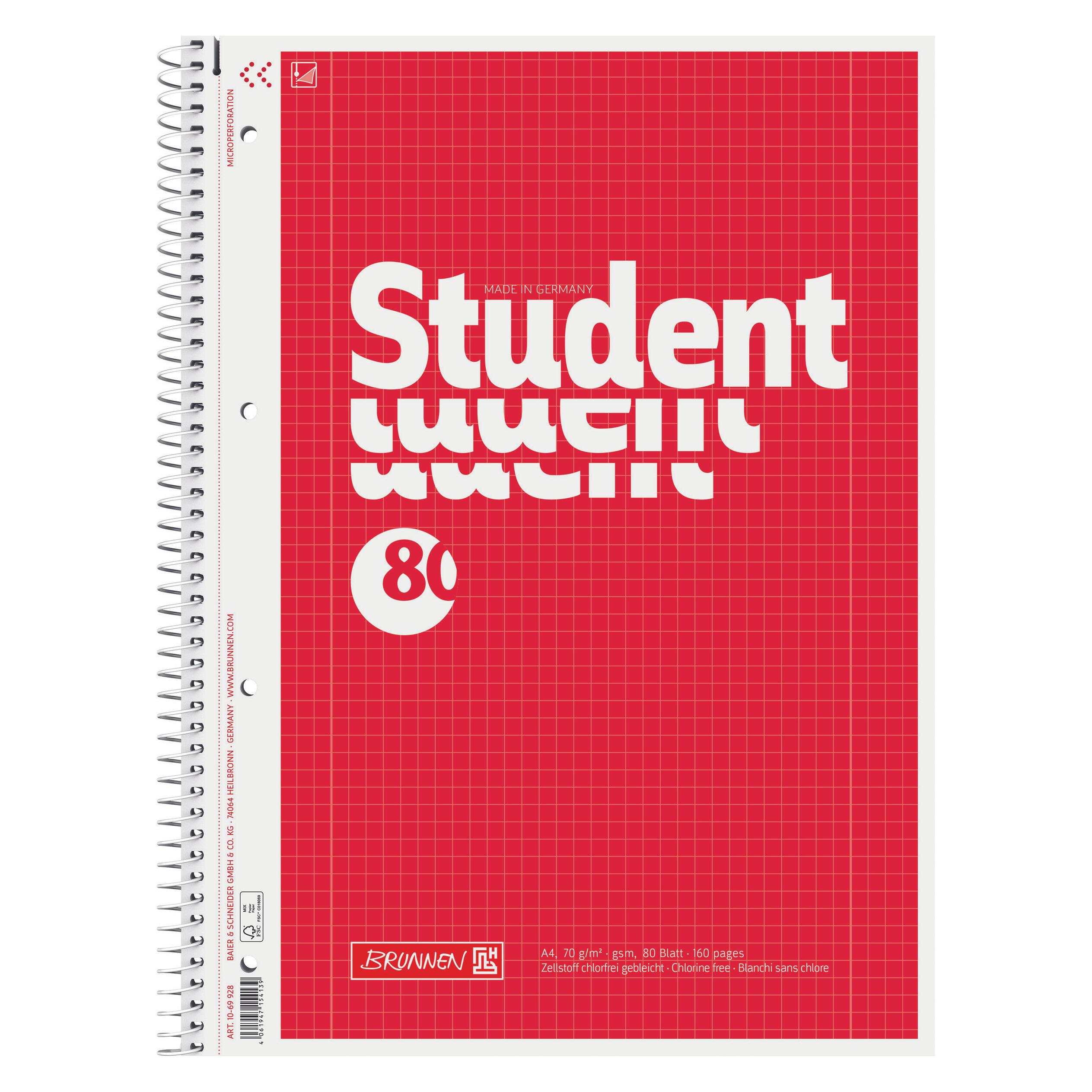 Brunnen Collegeblock Student | A4, Lineatur 28, 80 Blatt, rot (A4) (71676710) Mindestbestellmenge: 5 Stück