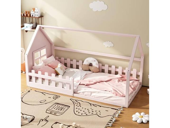 Ball & Cast Bodenbett 90x200 cm, Hausbett mit Rausfallschutz, Montessori Bett aus massivem Kiefernholz, Kinderbett, ohne Matratze, Rosa