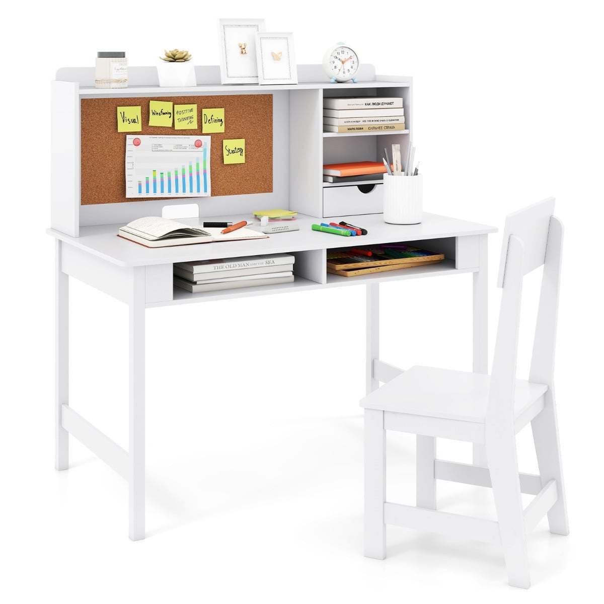 Costway Kinderbureau met Stoel en Kurken Prikbord in Wit