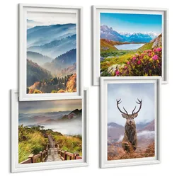 BILDER SET 4er Set - 50x50 cm & 40x60 cm Weißer Rahmen - Berglandschaft, See, Hirsche