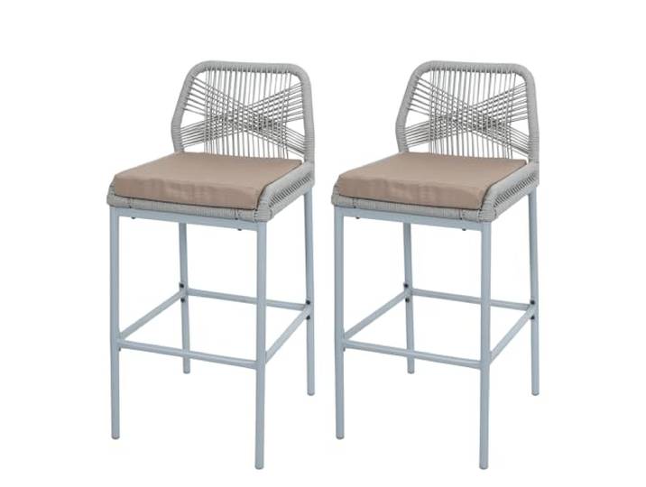 Mendler 2er-Set Barhocker HWC-O21 Metall - hellgrau, Kissen Taupe Outdoor, Sitzpolster, Rope-Barhocker, Seilgeflecht