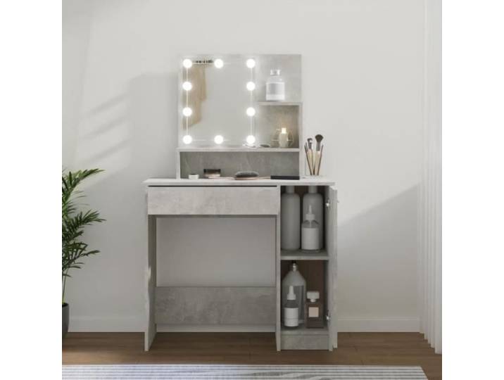 Coiffeuse - AKOZON - Modèle avec LED - Gris béton - Bois d'ingénierie - 1 tiroir
