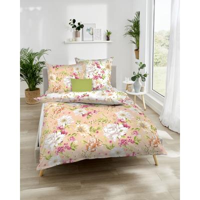 Wendebettwäsche KAEPPEL "Flirtation", rot (apricot), B/L: 155cm x 220cm, 1 Stk., 1 Stk., Mako-Satin, B/L: 80cm x 80cm, 2 Stk., Mako-Satin, Obermaterial: 100% Baumwolle, Bettwäsche, Wendebettwäsche, Mit Blumen