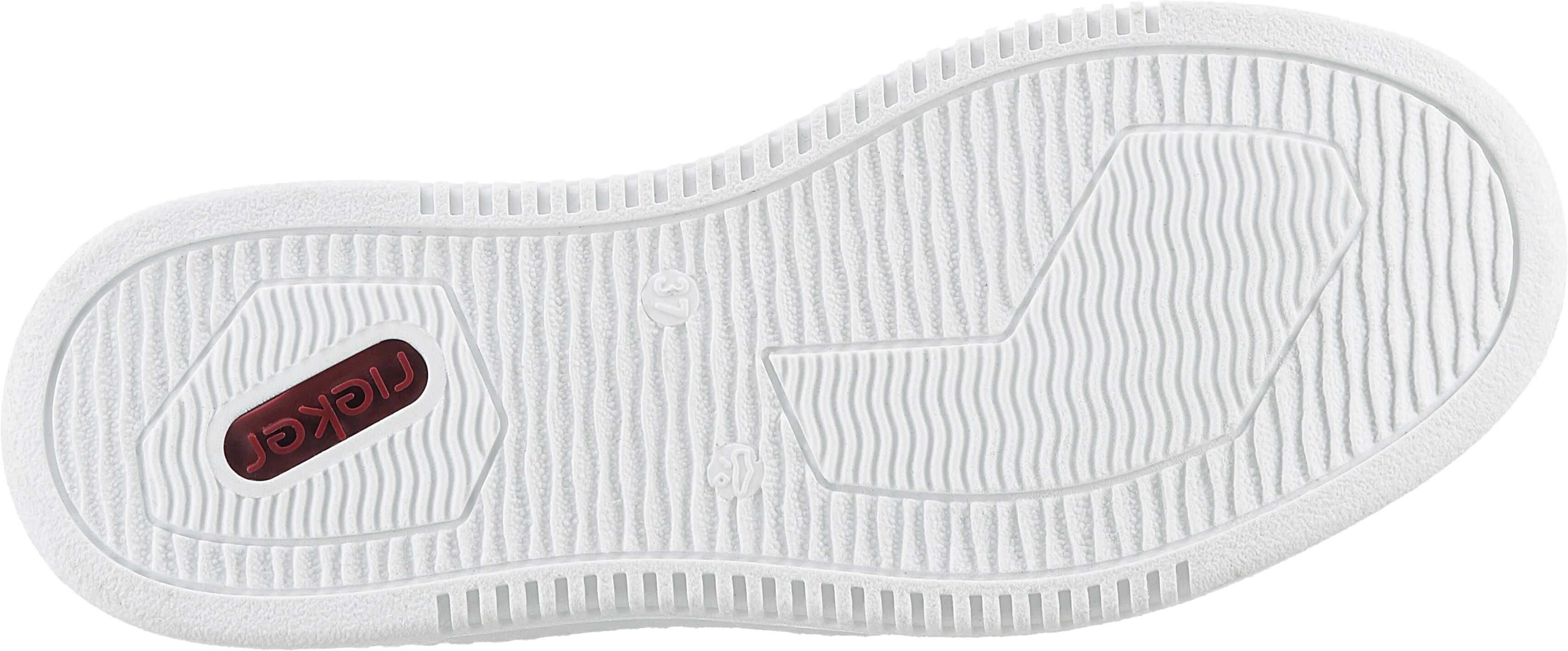 Plateausneaker RIEKER, Damen, Gr. 40, weiß (weiß pastellfarben), Lederimitat, Nubuklederimitat, Schuhe Plateausneaker, mit pastellfarbenen Kontrasten, Freizeitschuh, Halbschuh, Schnürschuh