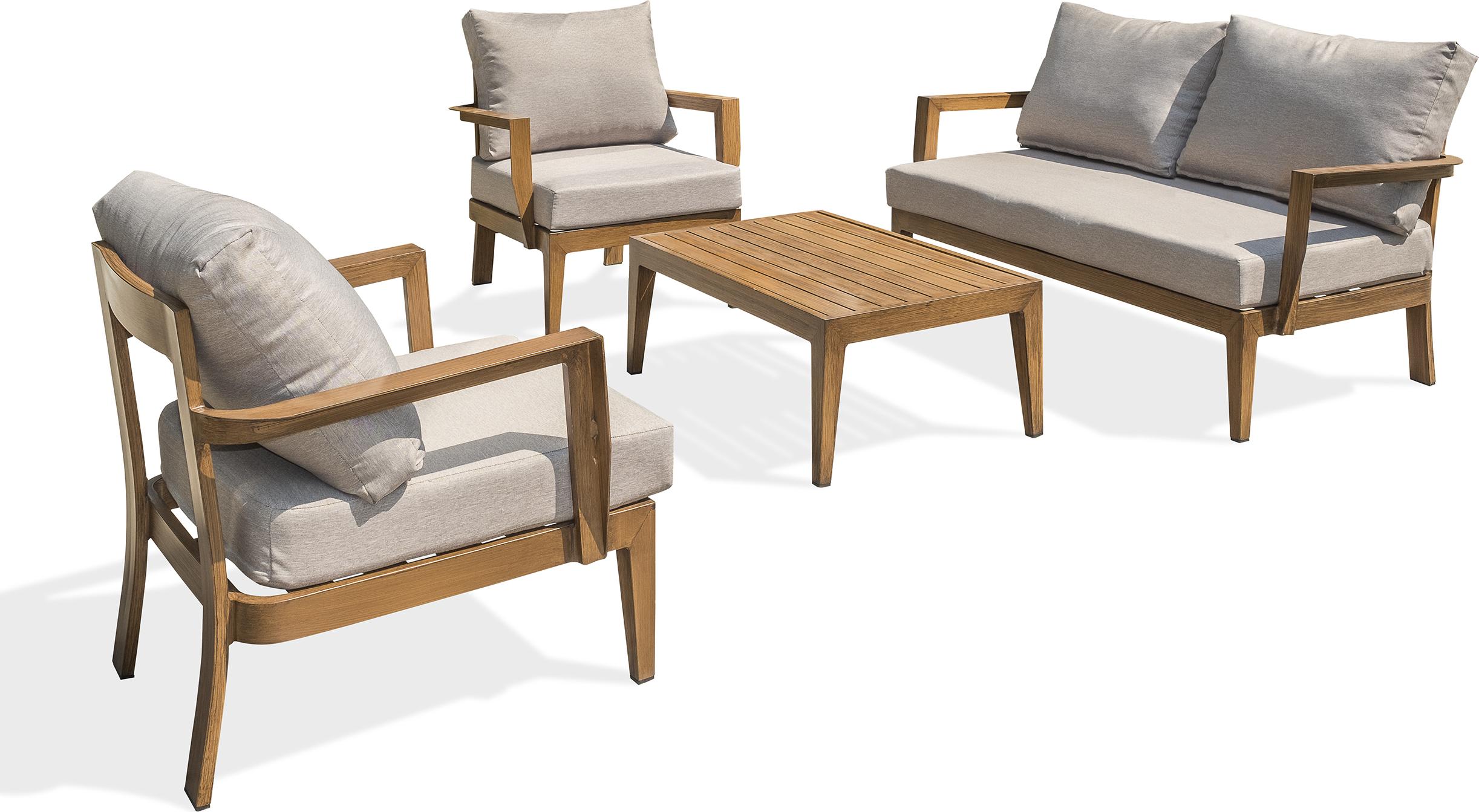 DCB Garden Portofino Lounge-Set 4-Sitzer, Aluminium-Holzoptik braun mit Couchtisch, 2-Sitzer-Bank + 2 Sessel, abziehbare graue Kissen