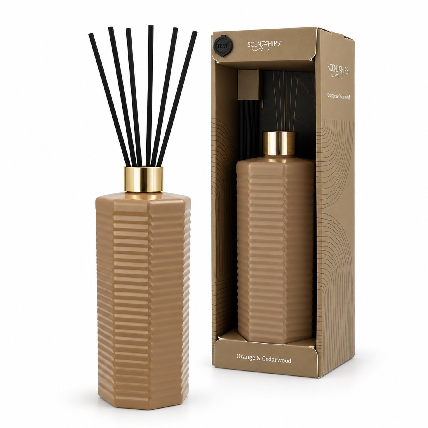 Scentchips Geurstokjes Orange & Cedarwood - Mokka - 500 ml - Luxe Glazen Ribbed Geurfles met 7 stokjes