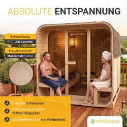 ARTSAUNA® Cube Fasssauna Fjora XL Natur - Panorama-Sicherheitsglas Front, komfortable Bank mit Trittstufen, 9 kW Ofen, Outdoor Sauna Komplettset für 6 Personen