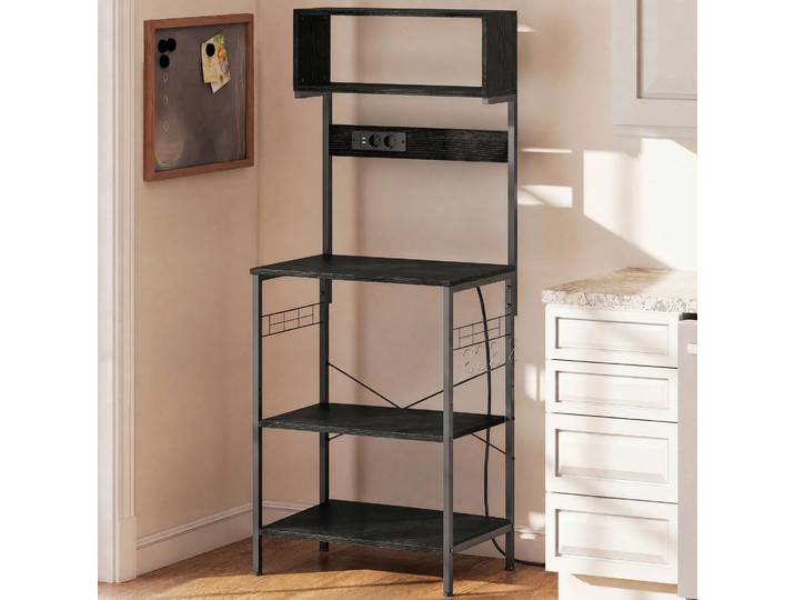 HOMCOM Étagère Cuisine Industrielle Bois Acier Noir Multiprise