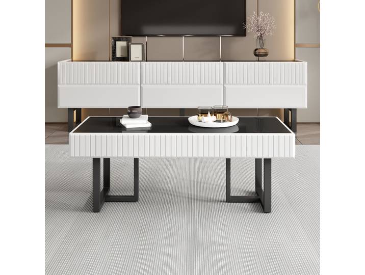 Combinaison de table basse et meuble TV minimaliste moderne, ensemble de meubles de rangement à rayures noires et blanches, meubles de salon