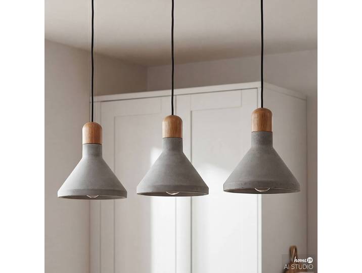 Pendelleuchte OREL 75 x 150 x 22cm Grau 3 Schirm: Beton / Massivholz Pinie, geölt Gestell: Eisen, pulverbeschichtet E27