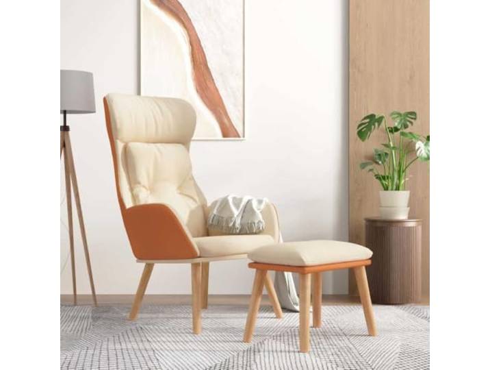 Relaxsessel mit Hocker Creme Kunstleder & Stoff Metallgestell, Kautschukholz-Beine, Fußhocker, Montageanleitung, schmutzabweisend, atmungsaktiver Stoff