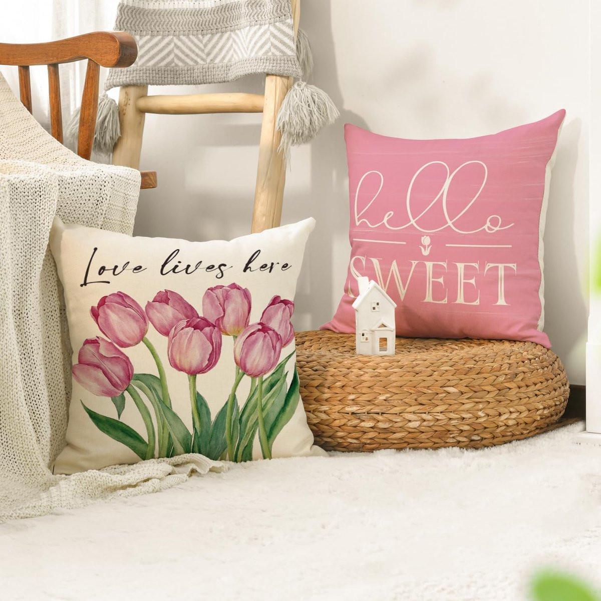 Artoid Mode Set van 4 Kussenslopen Hello Sweet Lente met Tulpen, 40 x 40 cm