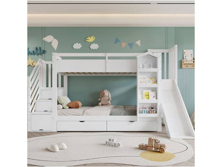 Lit superposé enfant blanc 90 × 200 cm avec toboggan et rangements